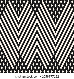 Vector geometric lines pattern. Black and white abstract graphic ornament with diagonal stripes, zigzag, chevron. Simple striped texture. Modern linear background, repeat tiles. Trendy geometry design