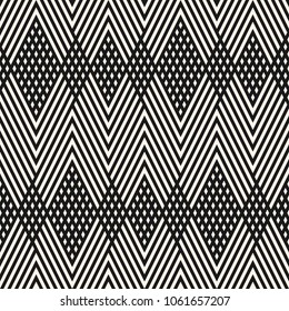 Vector geometric lines pattern. Black and white abstract graphic ornament with diagonal stripes, zigzag, chevron. Simple striped geometry texture. Modern linear background, repeat tiles. Trendy design