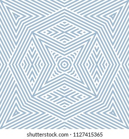 Vector geometric lines pattern. Elegant blue and white seamless ornament. Modern linear background texture with stripes, diagonal lines, triangles, rhombuses, star shapes. Abstract repeat design 