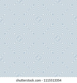 Vector geometric lines pattern. Subtle blue and white seamless ornament. Modern linear background texture with stripes, thin diagonal lines, triangles, rhombuses, star shapes. Abstract repeat design