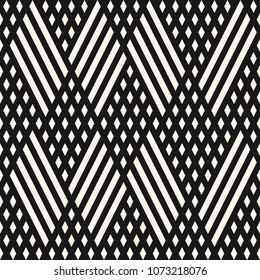 Vector geometric lines seamless pattern. Abstract graphic background with intersecting diagonal lines, grid, lattice, rhombuses. Chevron texture. Black and white linear print. Creative modern design