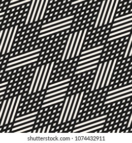 Vector geometric lines seamless pattern. Abstract graphic background with crossing diagonal lines, grid, lattice, rhombuses, chevron, zigzag. Black and white linear texture. Design for decor, fabric