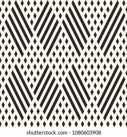 Vector geometric lines seamless pattern. Abstract graphic background with diagonal lines, small rhombuses. Repeatable chevron texture. Black and white linear print. Creative modern design element