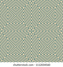 Vector geometric lines seamless pattern. Stylish teal and tan colored background. Modern abstract graphic texture with stripes, octagons, triangles, rhombuses, diagonal lines. Creative repeat design 