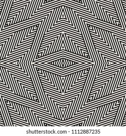 Vector geometric lines seamless pattern. Black and white linear background with stripes, diagonal lines, rhombuses, triangles. Abstract monochrome graphic texture. Modern repeat geometry design
