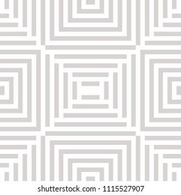 Vector geometric lines seamless pattern. Abstract white and gray ornament with stripes, squares, repeat tiles. Subtle linear background texture. Creative geometry design for decor, carpet, cloth, wrap