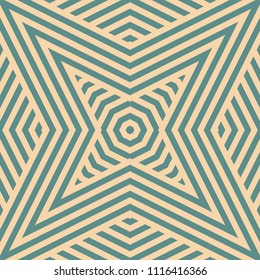 Vector geometric lines seamless pattern. Teal and tan linear background. Abstract ornament texture with stripes, rhombuses, star shapes, diagonal lines, ribbons. Repeat design for decor, print, fabric