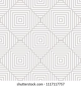 Vector geometric lines seamless pattern. Abstract white and gray ornament with stripes, squares, repeat tiles, grid, lattice. Subtle linear background texture. Creative geometry design for decoration