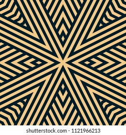Vector geometric lines seamless pattern. Black and yellow linear background. Abstract ornament texture with stripes, concentric diagonal lines, ribbons, triangular shapes. Repeatable design element