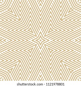 Vector geometric lines seamless pattern. Golden linear background with stripes, diagonal lines, triangles, star shapes. Abstract white and gold graphic texture. Modern repeat design for decor, prints