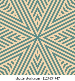 Vector geometric lines seamless pattern. Teal and tan linear background. Abstract ornament texture with stripes, concentric diagonal lines, ribbons, triangular shapes. Repeat design for decor, print