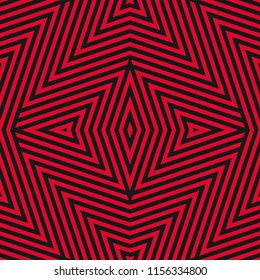 Vector geometric lines seamless pattern. Stylish black and red linear background. Modern abstract graphic texture with stripes, rhombuses, triangles, diagonal zigzag lines. Creative repeatable design