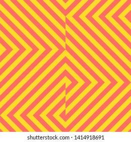 Vector geometric lines seamless pattern. Trendy colorful texture with diagonal stripes, broken lines, chevron, zigzag, squares, tiles. Simple abstract geometry. Modern yellow and coral background
