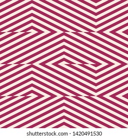 Vector geometric lines seamless pattern. Modern texture with diagonal stripes, broken lines, chevron, zigzag. Simple abstract geometry. Maroon and light pink colored graphic background. Trendy design