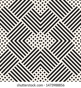 Vector geometric lines seamless pattern. Wicker texture. Abstract graphic background with intersecting lines, chevron, grid, lattice, squares. Black and white linear print. Modern repeatable design