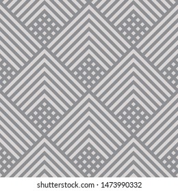 Vector geometric lines seamless pattern. Modern monochrome texture with squares, rhombuses, stripes, chevron, zigzag. Simple abstract geometry. Minimalist gray colored background. Trendy repeat design