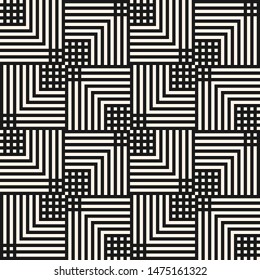 Vector geometric lines seamless pattern. Modern linear texture with squares, stripes, chevron, tiles. Wicker print. Simple abstract linear geometry. Black and white graphic background. Repeat design