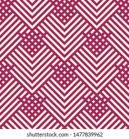 Vector geometric lines seamless pattern. Modern texture with squares, rhombuses, stripes, chevron, zigzag. Simple abstract geometry. Elegant burgundy and beige background. Trendy repeatable design