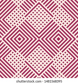 Vector geometric lines seamless pattern. Modern texture with squares, rhombuses, stripes, chevron, zigzag. Simple abstract geometry. Elegant burgundy and beige graphic background. Trendy repeat design