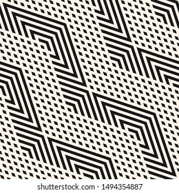 Vector geometric lines seamless pattern. Modern linear texture with diagonal stripes, chevron, zigzag, rhombuses, diamonds. Simple abstract geometry. Stylish black and white background. Trendy design