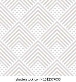 Vector geometric lines seamless pattern. Modern monochrome texture with squares, rhombuses, stripes, chevron, zigzag. Simple abstract geometry. Minimal gray and white background. Subtle repeat design
