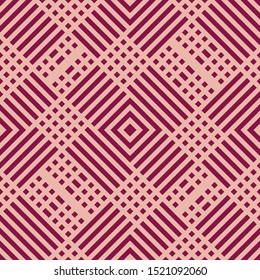 Vector geometric lines seamless pattern. Modern texture with squares, stripes, lines, chevron, repeat tiles, rhombus, diamond. Simple abstract geometry. Burgundy and pink color. Graphic background