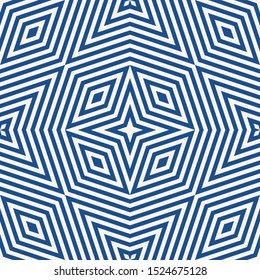 Vector geometric lines seamless pattern. Modern abstract linear background in blue color. Graphic texture with stripes, diagonal lines, rhombuses, stars. Stylish repeated design for tileable print