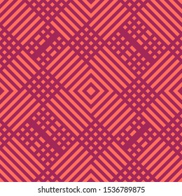 Vector geometric lines seamless pattern. Modern texture with squares, stripes, lines, chevron, repeat tiles, rhombus, diamond. Simple abstract geometry. Burgundy and coral color graphic background
