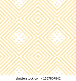 Vector geometric lines seamless pattern. Modern texture with squares, stripes, lines, chevron, tiles, rhombus, diamond. Simple abstract geometry. Delicate yellow and white color. Graphic background