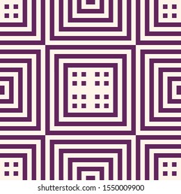 Vector geometric lines seamless pattern. Modern texture with squares, stripes, lines, chevron, tiles. Simple abstract geometry. Funky modern graphic background in purple and beige color. Repeat design