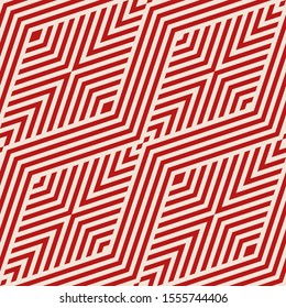 Vector geometric lines seamless pattern. Modern texture with stripes, thin diagonal lines, tapes, chevron, zigzag, rhombuses. Abstract red and beige graphic design. Simple background. Repeat design
