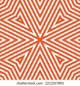 Vector geometric lines seamless pattern. Abstract background with orange stripes, lines, arrows, repeat tiles. Retro vintage style graphic texture. Trendy creative trippy geo design for decor, package