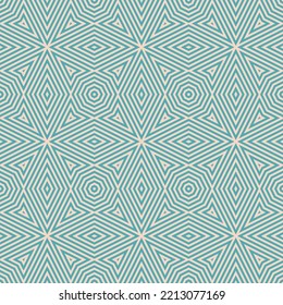 Vector geometric lines seamless pattern. Abstract background in turquoise and beige color. Retro vintage 1960s - 1970s style graphic texture with stripes, lines, repeat tiles. Trendy creative design