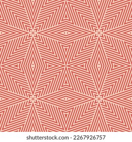 Vector geometric lines seamless pattern. Abstract linear background in retro vintage style. 1970s - 1980s theme. Red and beige colour. Trendy graphic texture with stripes, diagonal lines, repeat tiles