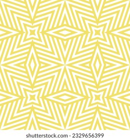 Vector geometric lines seamless pattern. Abstract background in yellow color. Retro vintage 1970s - 1980s style graphic texture with stripes, lines, rhombuses, repeat tiles. Funky bright geo design