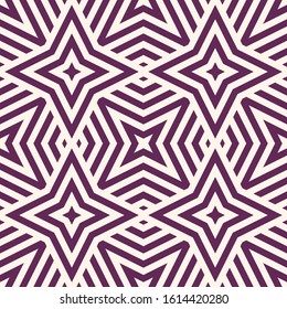 Vector geometric lines seamless texture. Modern abstract linear pattern in purple and beige color. Stylish graphic background with stars, diamonds, stripes, diagonal lines, repeat tiles. Geo design