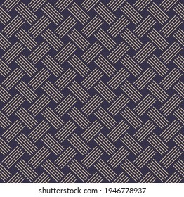 Vector geometric lines weave seamless pattern with modern contemporary golden blue color background. Use for fabric, textile, cover, interior decoration elements, wrapping. 