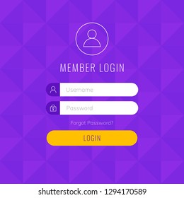 Vector geometric login page in purple and yellow colors. Flat design illustration