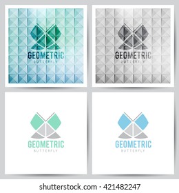 vector geometric logo, stylized butterfly on white and on abstract backgrounds of triangles