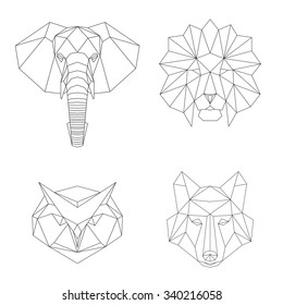 Vector geometric low poly illustrations set. Lion, elephant, wolf and owl animal heads.