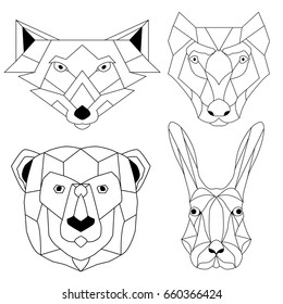Vector geometric low poly illustrations set. Lion, elephant, wolf and owl animal heads.