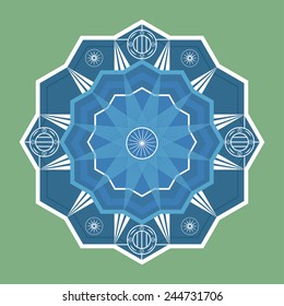 Vector geometric mandala in blue colors on green background