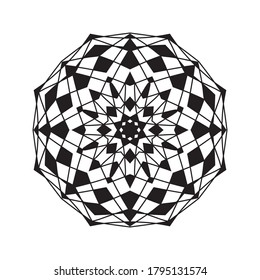 
Vector geometric mandala coloring shape isolated on white. Beautiful relax black and white ornament. Meditative drawing. Coloring book page.