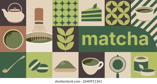 vector geometric matcha japanese culture concept, flat pattern element design,food and drink concept