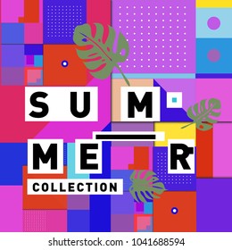 Vector geometric Memphis summer collection poster. Design template for summer holiday season.