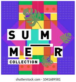 Vector geometric Memphis summer collection poster. Design template for summer holiday season.