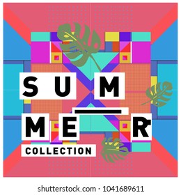 Vector geometric Memphis summer collection poster. Design template for summer holiday season.