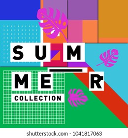 Vector geometric Memphis summer collection poster. Design template for summer holiday season.