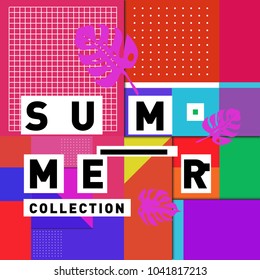 Vector geometric Memphis summer collection poster. Design template for summer holiday season.