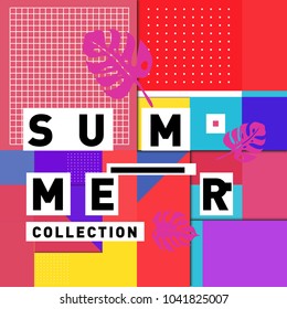 Vector geometric Memphis summer collection poster. Design template for summer holiday season.